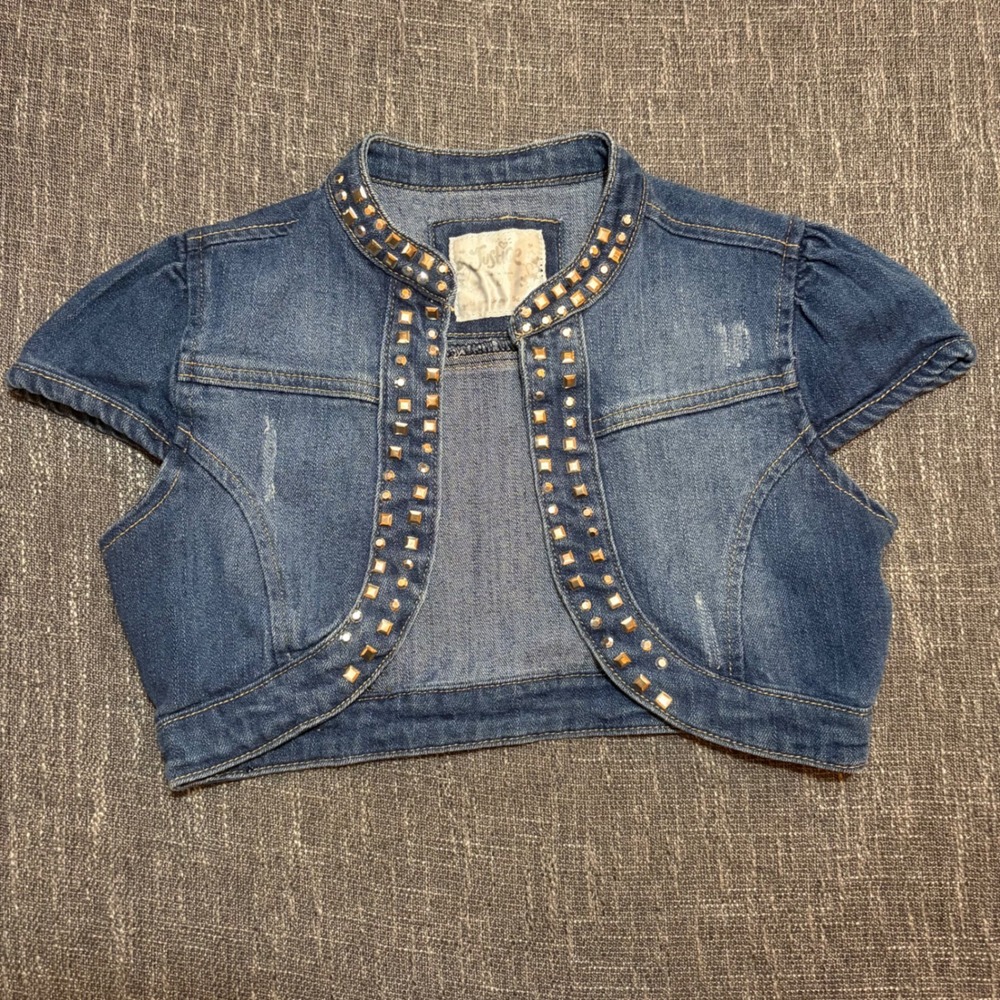Justice Blue Denim Studded Distressed Cropped Cap Sleeve Jacket (Girls 10)